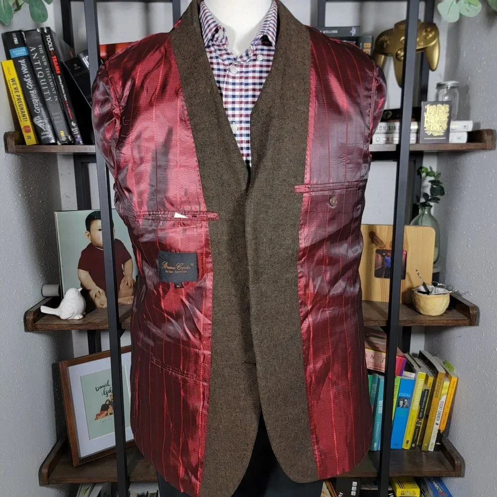 Bruno Conte Don Jonathan Men's Flannel Sport Coat Blazer‎ Two Button Brown XL